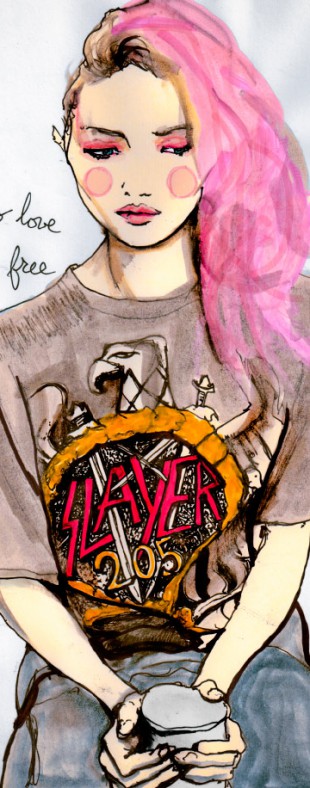 Fashion Artist Danny Roberts Sketch oh IMG Model Newcomer Charlotte Free in volume 3 of his character sketchbook drawing 205 based of igor and andre photo backstage at charlotte ronson fall 2011