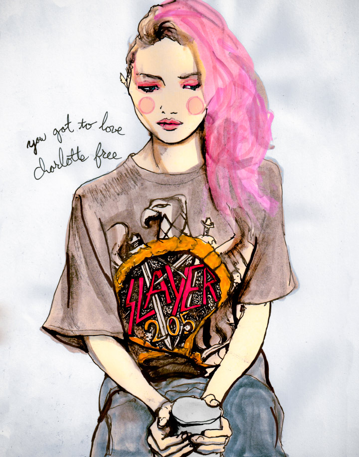 Fashion Artist Danny Roberts Sketch oh IMG Model Newcomer Charlotte Free in volume 3 of his character sketchbook drawing 205 based of igor and andre photo backstage at charlotte ronson fall 2011
