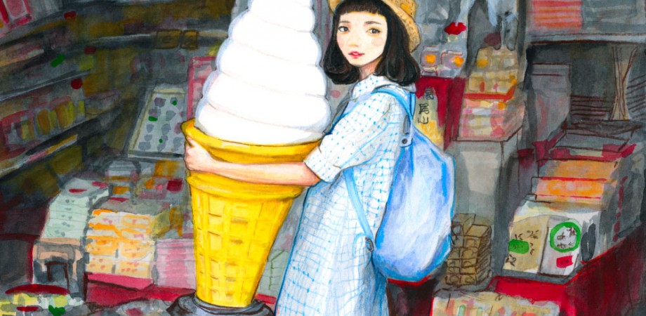 Danny roberts painting of Japanese star Natsume Mito - なつめみと with a big ice cream cone