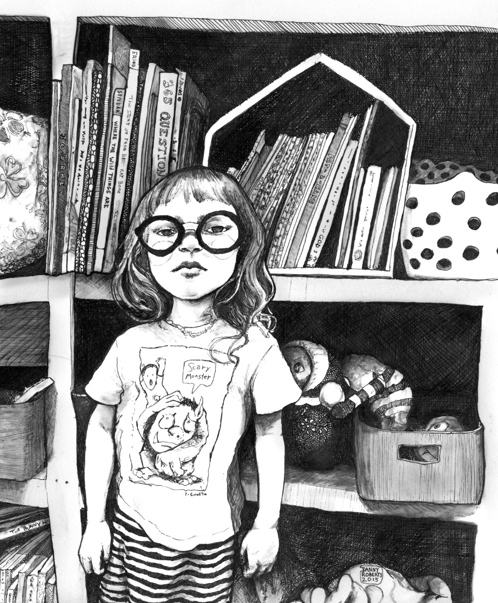 Artist Danny Roberts black and white illustrated portrait of Sherri and max bemis daughter Lucy Jean