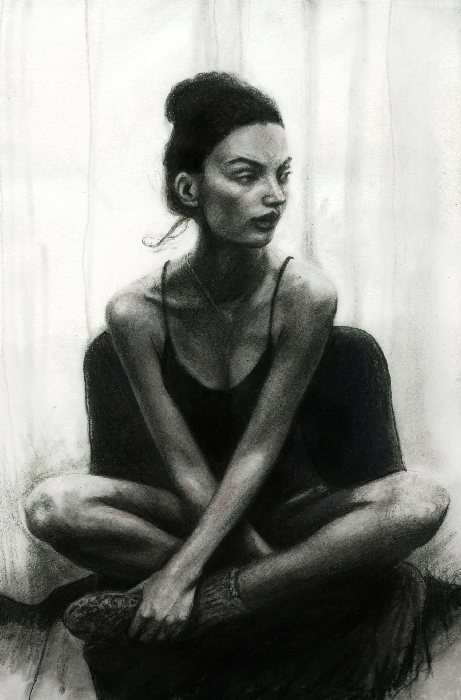Artist Danny Roberts Pencil Study Sketch of Swedish model Mona Johannesson Sitting Black and white
