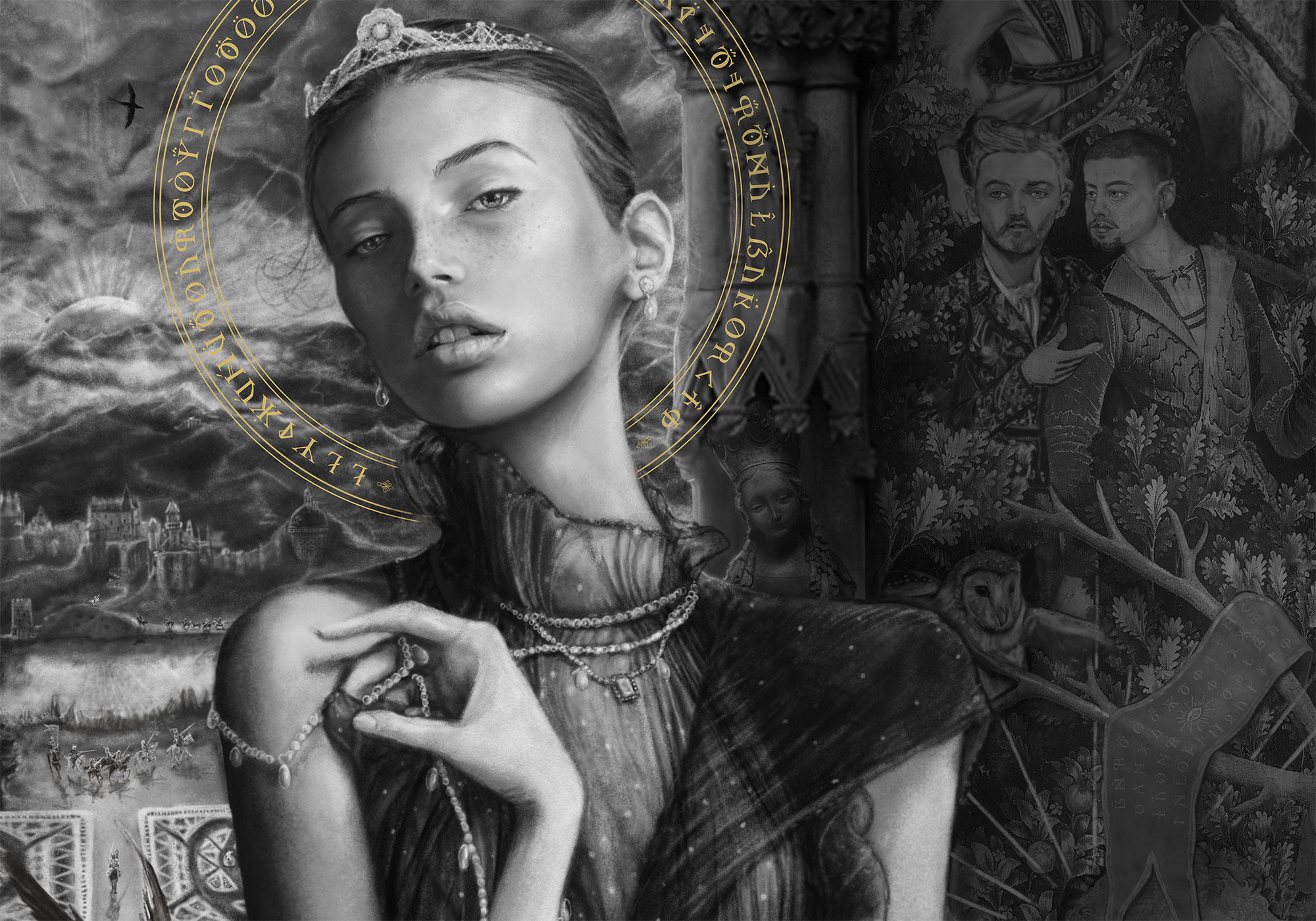 A close up details picture of swedish model mona johannesson wearing a crown and of  a tapestry featuring simon ungless, alexander mcqueen and lily cole by artist Danny Roberts  black and white digital concept sketch