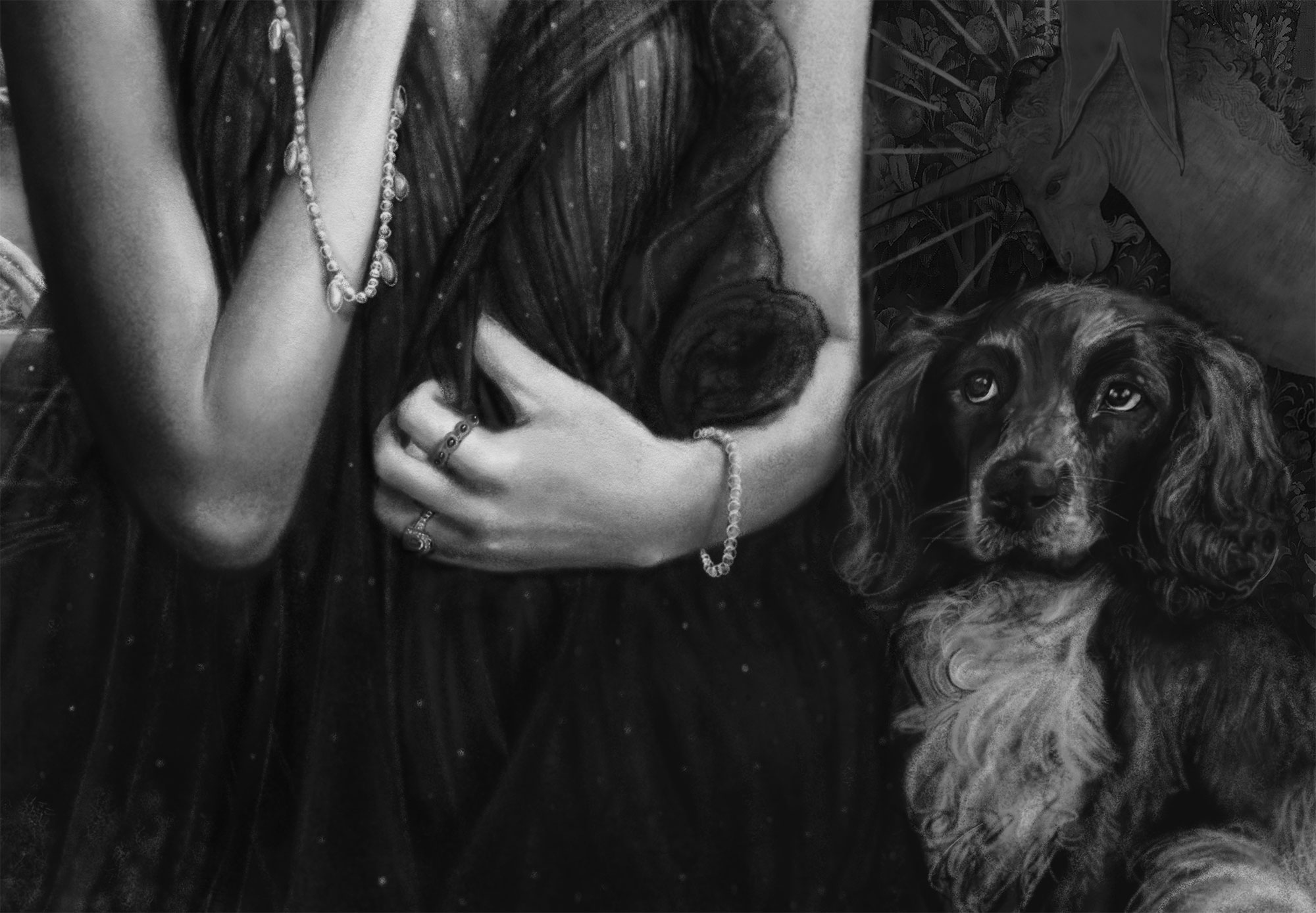 A close up details picture of mona johannesson dog Selma  of artist Danny Roberts  black and white digital concept sketch