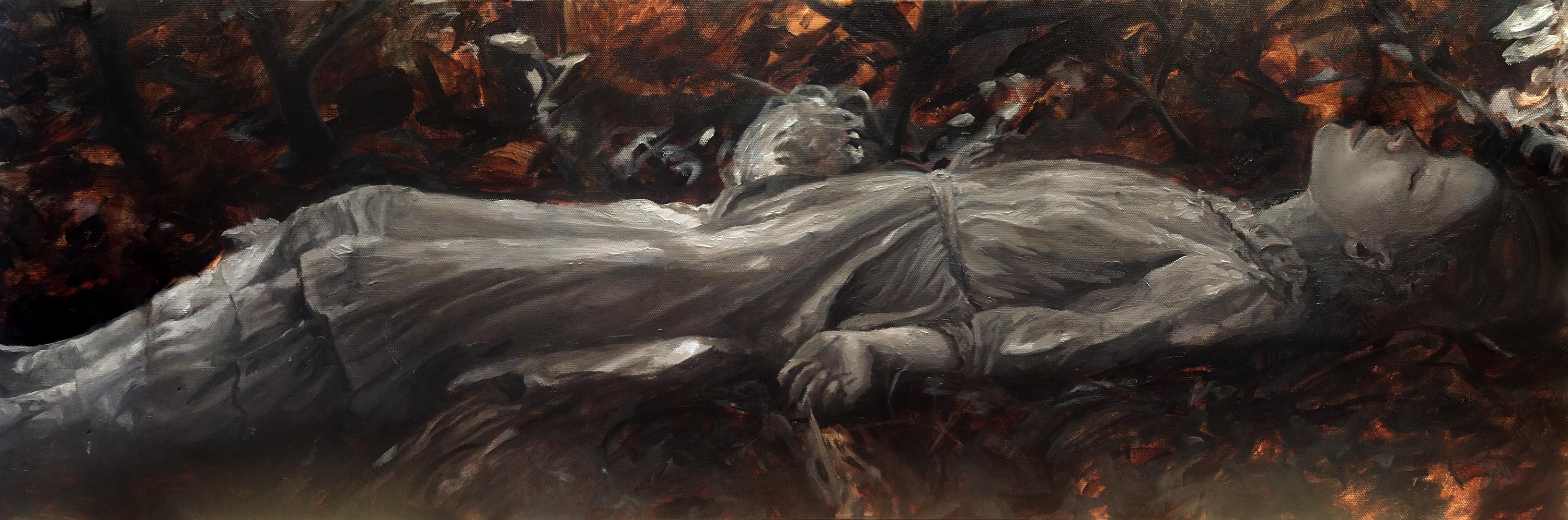 Artist Danny Roberts Underpainting of model Julia Hafstrom Sarah Finn. Girl Laying down in a forest in leaves beauty