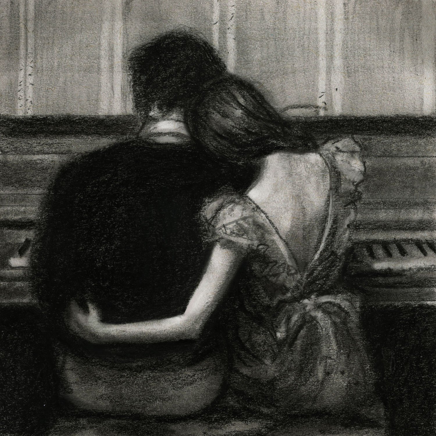Black and white sketch by danny roberts of a couple at the paino inspired by Joseph Lorusso playing their song painting