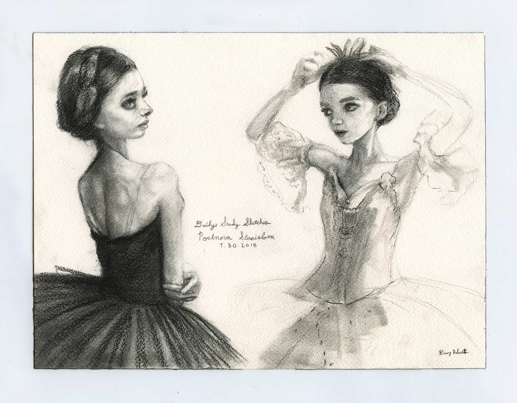 Sketch of Russian ballerina Postnova Stanislava rubytear by danny Roberts pencil and charcoal.