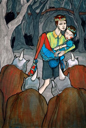 Danny Roberts carrying his Love Josette past creatures in the underground forest