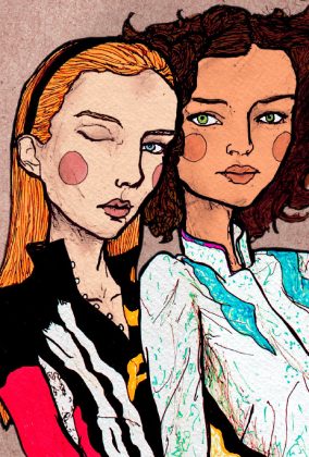 Close up of a Drawing of To Stylish Girls Wearing Printed Dresses and leaning on each other. This Fashion Illustration is from the lookbook Danny Roberts Made for AAUs show at New York Fashion Week
