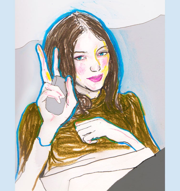 Danny Roberts Drawing of Sophie ward sitting on the couch giving the peace sign