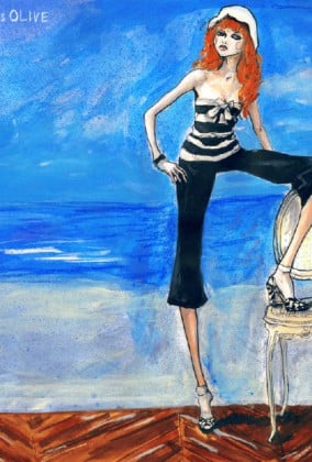 This is an old Fashion illustration by Danny Roberts of lily cole in Olive des Olive ad
