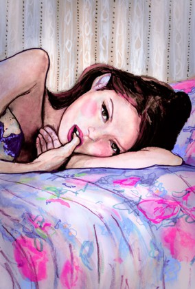Artist danny roberts Painting of a Dreamy girl with Brown hair and eyes laying down, from his Series on Love