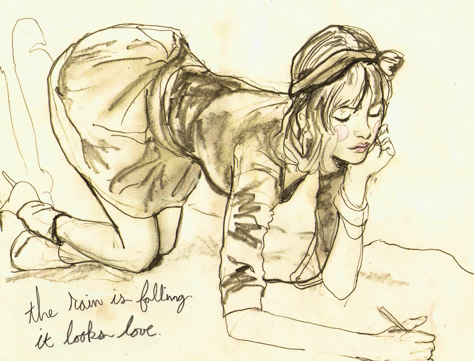 A light Sketch of a Girl kneeling doodling a sketch on the ground with the phrase The rain is falling it looks like love on it, drawing by Artist Danny Roberts