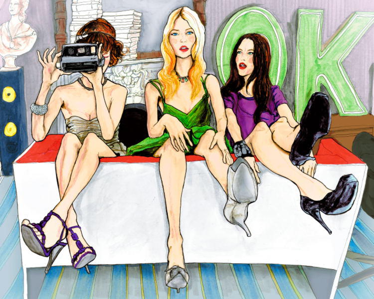 Danny Roberts Painting for Aldo Shoes of 3 girls sitting on a couch