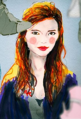 Danny Roberts painting of Jane Aldridge with her sea of shoes line for Urban Outfitters
