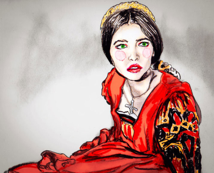 Danny Roberts painting of Juliet of Romeo and Juliet from 1968 movie. she is sitting in a red dress