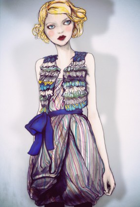 Fashion Artist Danny Roberts painting of Reem Acra Fall 2010 for Sundance Channel Full Fontal Fashion
