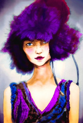 Igor and andre s Danny Roberts Fashion Artist painting of Christina b in a bright purple Fur Hat and a knit dress from Chris Benz new York Fashion Week Collection