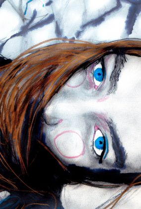 Artist Danny Roberts Reinterpretation of Fashion Model Ali Michael from DNA agency, the painting is of Ali laying on her side with bright blue eyes.