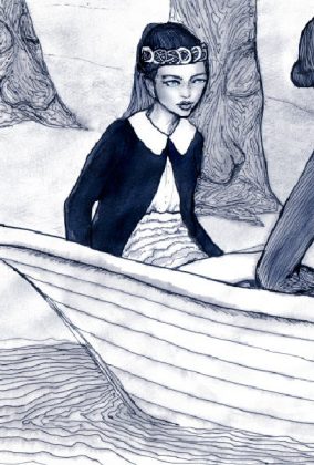 Danny Roberts Black and white sketch of a girl sitting in a boat with boy with bowler hat enchanting the queen.