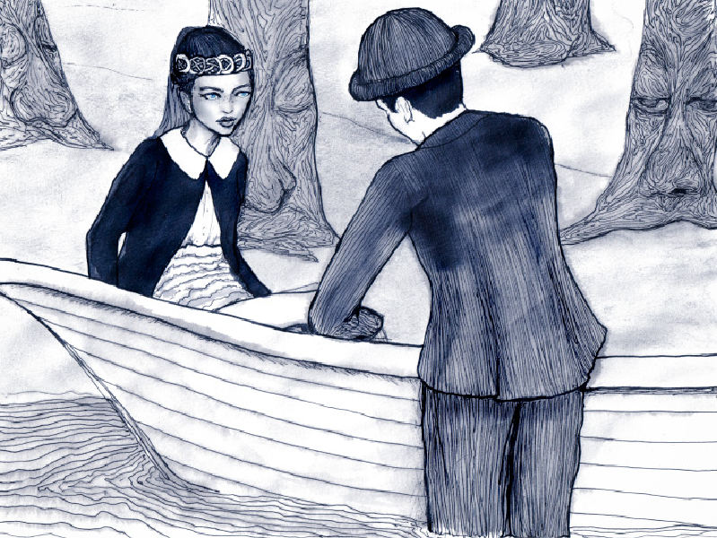 Danny Roberts Black and white sketch of a girl sitting in a boat with boy with bowler hat enchanting the queen.