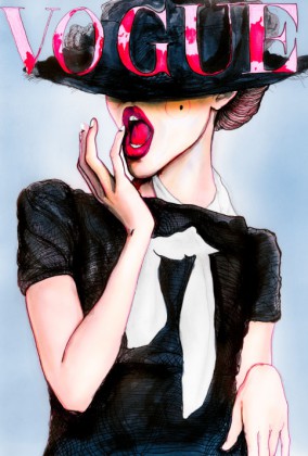 Artist Danny Roberts Painting of Img Fashion model Frida Gustavsson on the cover of Vogue Germany March 2010 she is standing with her hand on her bright red lips