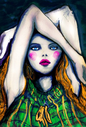 Igor and andre Fashion Artist Danny Roberts painting of a girl with blue eyes laying on her back with arms over her head