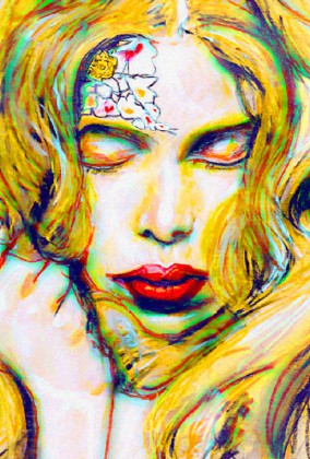 Fashion Artist Danny Roberts Painting of Fashion Model Tanya Dziahileva her eyes are closed and hair everywhere