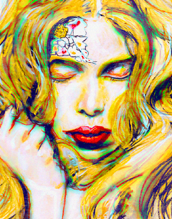 Fashion Artist Danny Roberts Painting of Fashion Model Tanya Dziahileva her eyes are closed and hair everywhere