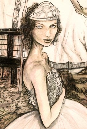 Artist Danny Roberts waist up Study Sketched painting of A girl Josette wearing a strapless dress and a crown in the the Runaway Forest for Igor and andre storybook series