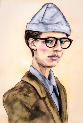Danny Roberts Painting of a Boy with a paper hat on with black rim glasses in a suit from siki im fall 2010 collection at New York Fashion Week