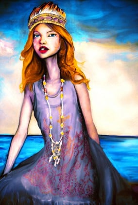 Danny Roberts oil Painting of a girl sitting by the Sea Wearing Anna Sui Spring 2011 Collection with a beaded necklace and a feather gown from New York Fashion Week