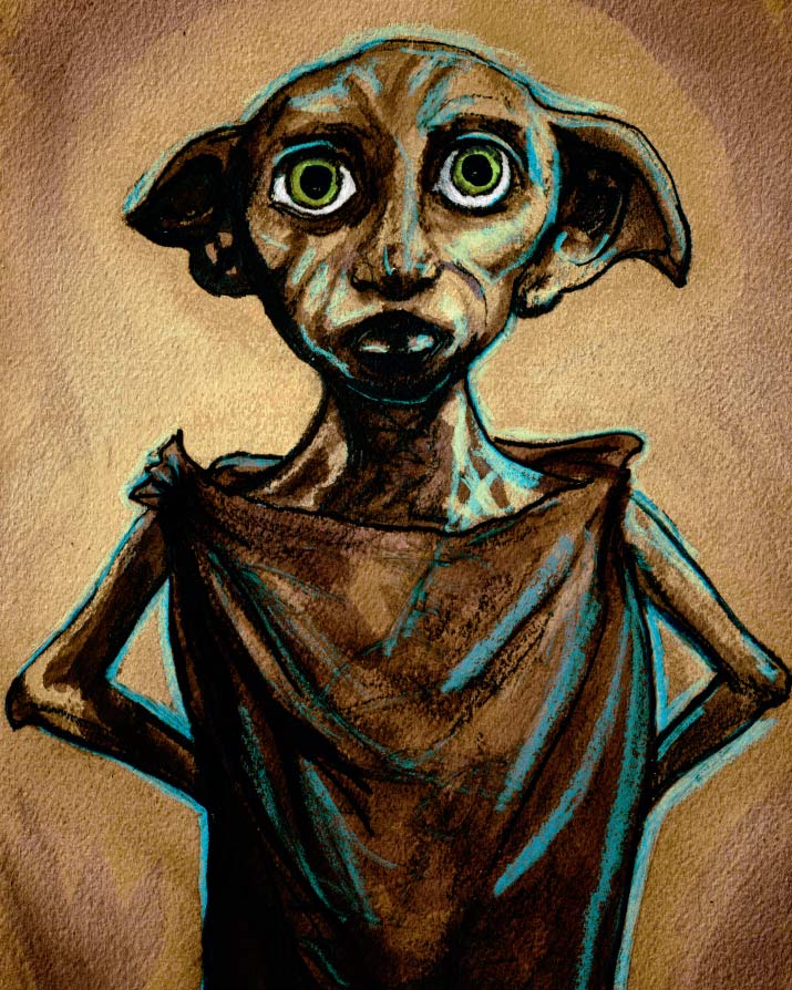Artist Danny Roberts Tribute Painting Drawing of Harry Potter 7 and the Deathly Hallows Character Dobby the House Elf Looking straight brith green eyes