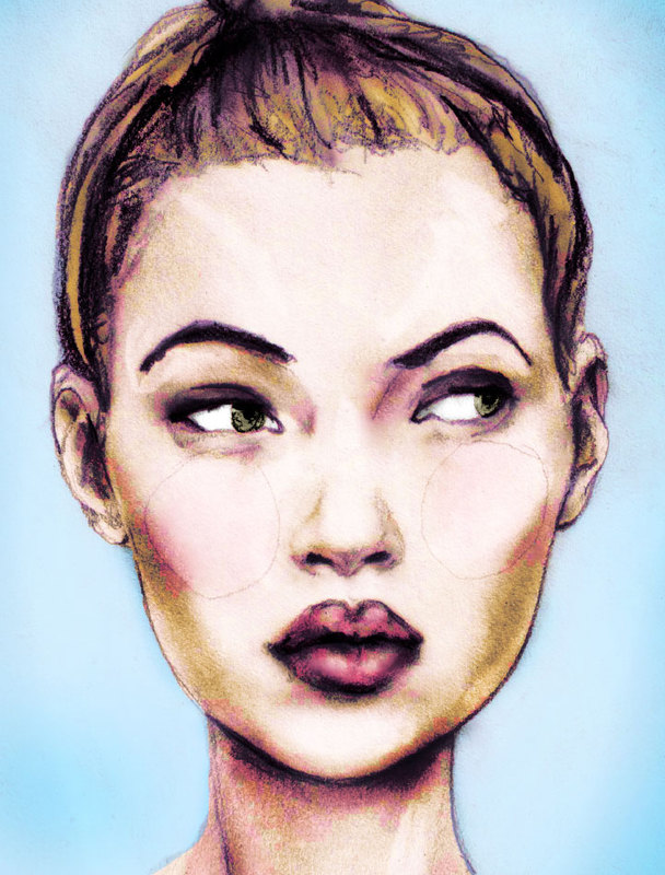 This is a portrait of Kate Moss painted by fashion artist Danny Roberts based on a photo by Frederique Veysset