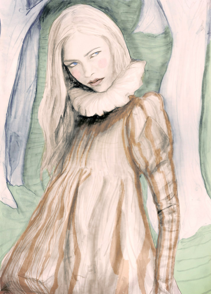 Artist Danny Roberts Painting of a girl in the Forest Wearing a dress Alexander Mcqueen fall 2006
