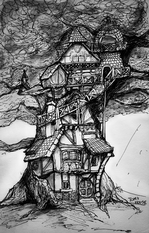 A black and white sketch by Artist Danny Roberts of a bavarian Cottage Tree House for his Children's Story book