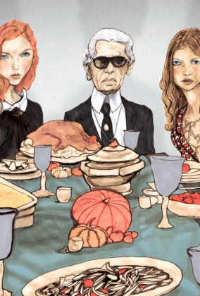 Artist Danny Roberts painting of Karl Lagerfeld, tanya dziahileva, Mona Johannesson, and Lily Cole, at a Thanksgiving dinner color version