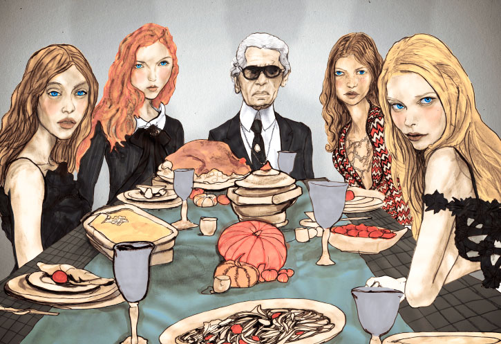 Artist Danny Roberts painting of Karl Lagerfeld, tanya dziahileva, Mona Johannesson, and Lily Cole, at a Thanksgiving dinner color version