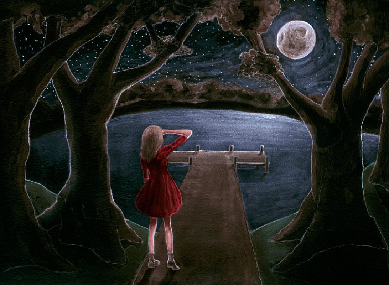 Fashion Artist Danny Roberts Painting of a girls back looking out a moonlit lake and a dock