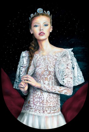 Artist Danny Roberts painting of Img swedish model Mona Johannesson Dressed like princess Josette in an detailed ornate lace dress from Machesa Fall 2012