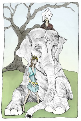 Fashion artist and illustrator Danny Roberts drawing of Josette and the elphant king on an elephant