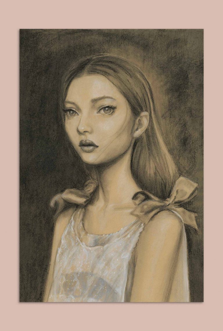 Artist Danny roberts Charcoal Drawing of a Girl in chanel mostly mono Chrome Full image orginal.