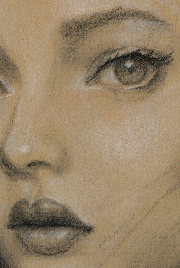 Artist Danny roberts Charcoal Drawing of a Girl in chanel mostly monochrome Close up face a half