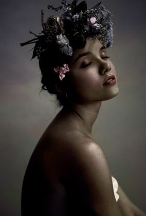 Fashion Photographer and Artist, Danny Roberts photo portrait of IMG model Anastasia Krivosheeva colorized eyes closed with flowers in her hair
