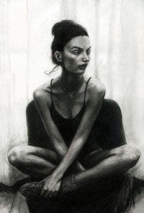 Artist Danny Roberts Pencil Study Sketch of Swedish model Mona Johannesson Sitting Black and white
