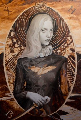 Artist Danny Roberts Oil painting burnt umber and Dead layer on wood of Codie Young.