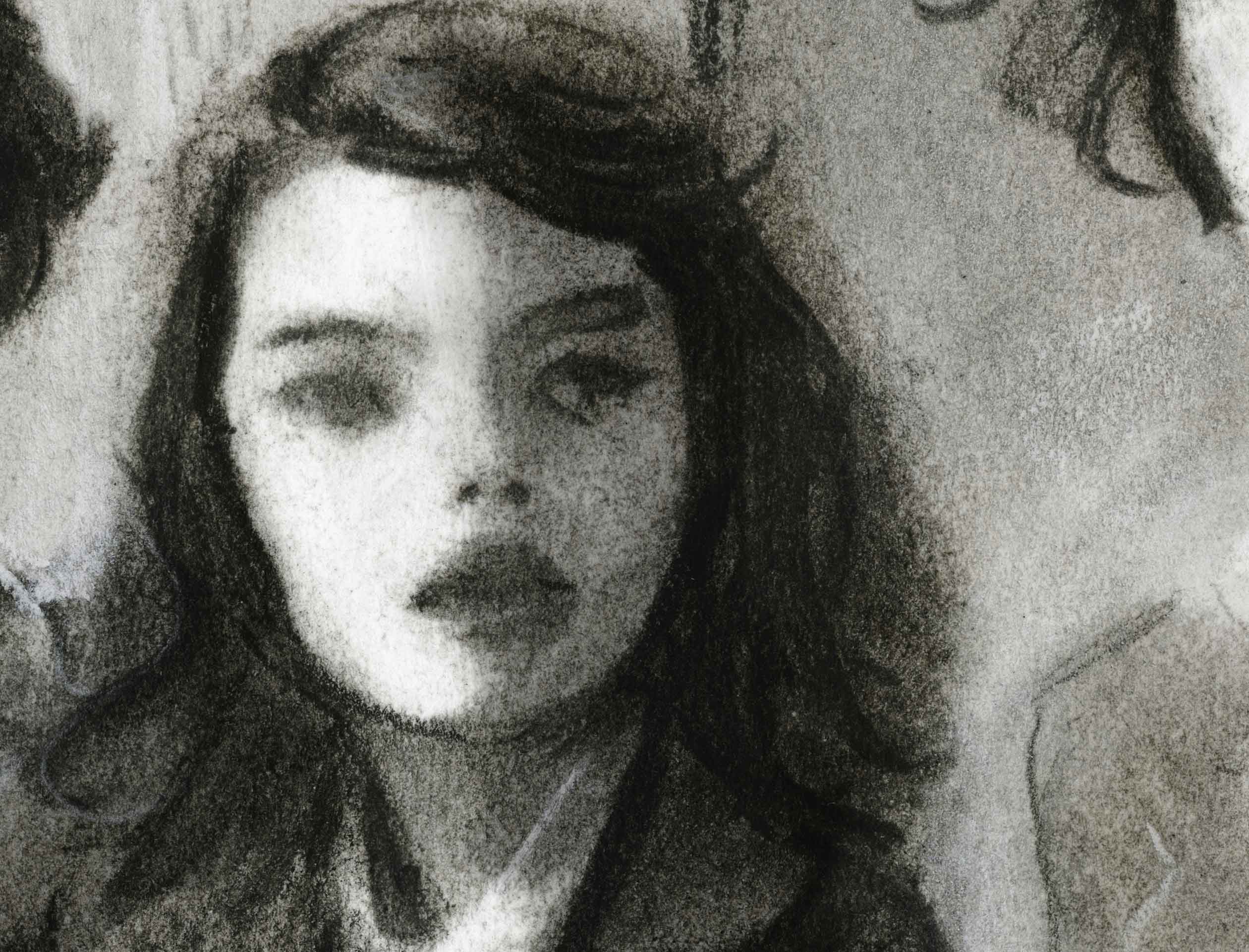 Detail shot 1 of girls face from Charcoal Sketch of 3 school girls from the 1940s life magazine