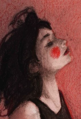 Details close up Artist Danny mixed media sketch of model artist Renata Gubaeva sitting on the ground all red with red lips