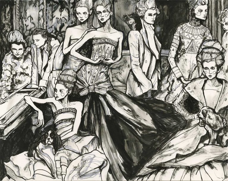 Artist Danny Roberts Ink and pen illustration inspired by Christian Dior Spring 2004 Haute Couture French by Photographer Annie Leibovitz, Vogue, 2004 photo