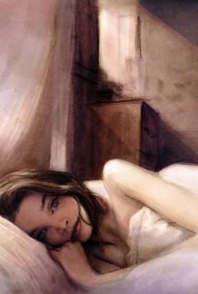 Beautiful soft portrait of model Richie Hines laying in bed morning light by danny roberts