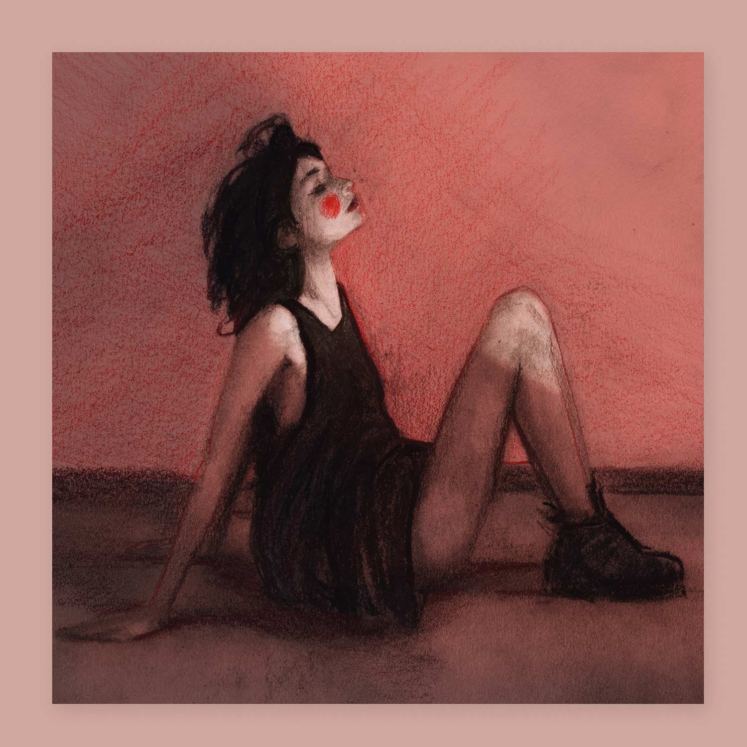 Artist Danny Roberts 5x5 print of a drawing Renata Gubaeva sitting in red print 5x5